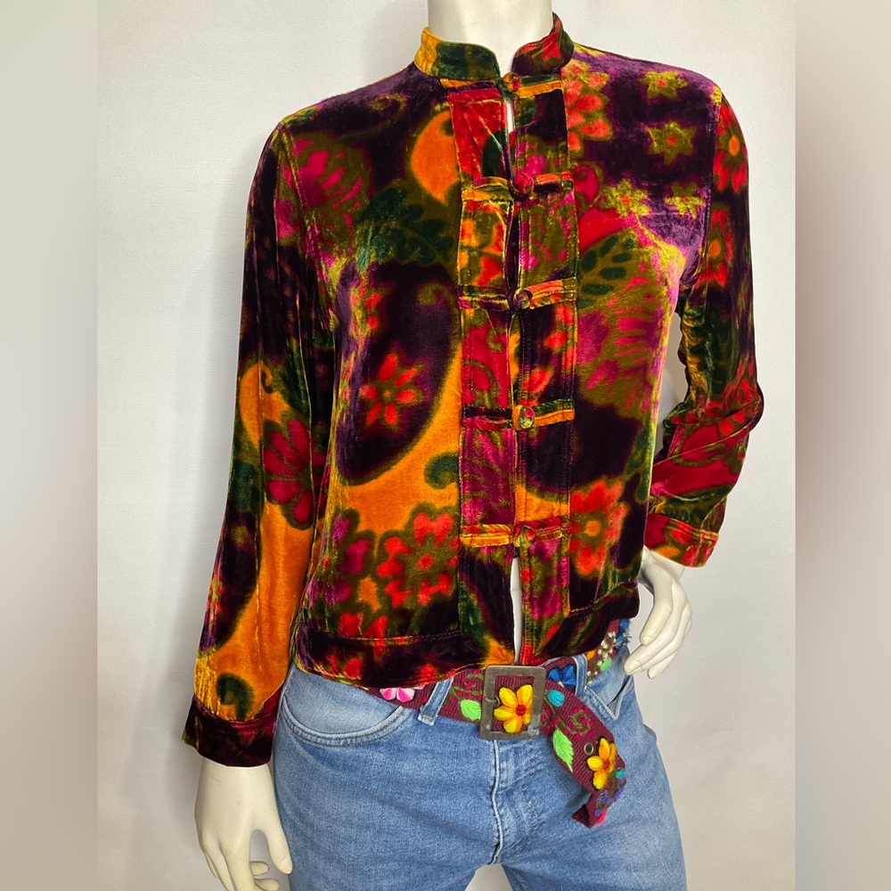 90s Chico’s Velvet Mandarin Hippie Peace Printed Jacket Top Size Small